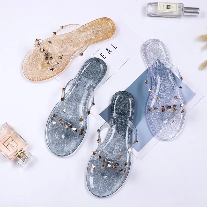 Women Fashion Studded Bow Jelly Sandals Summer Beach Flip Flips