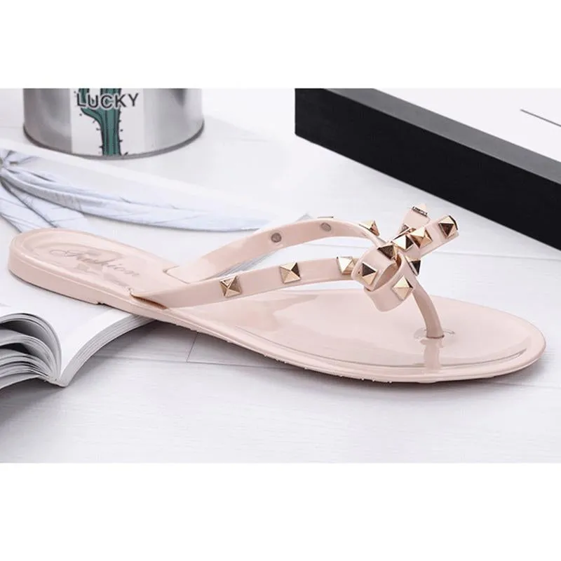 Women Fashion Studded Bow Jelly Sandals Summer Beach Flip Flips