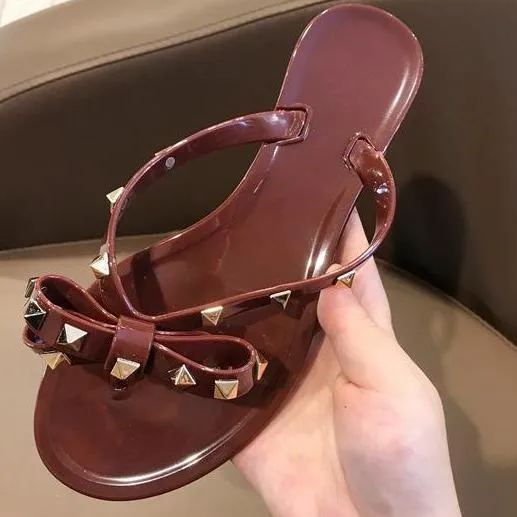 Women flat summer beach slide studded bow jelly sandals