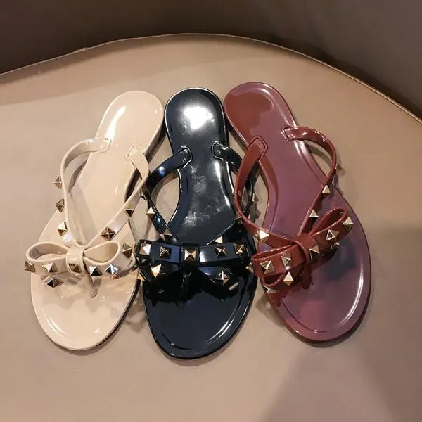 Women flat summer beach slide studded bow jelly sandals