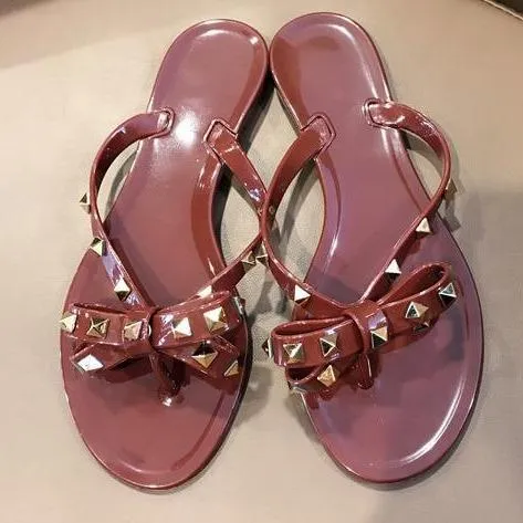 Women flat summer beach slide studded bow jelly sandals