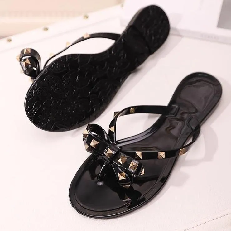 Women flat summer beach slide studded bow jelly sandals