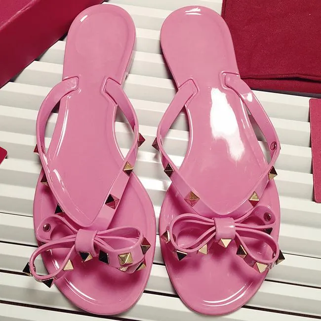 Women flat summer beach slide studded bow jelly sandals