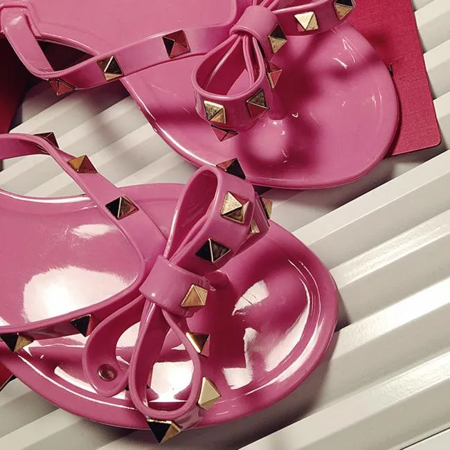 Women flat summer beach slide studded bow jelly sandals