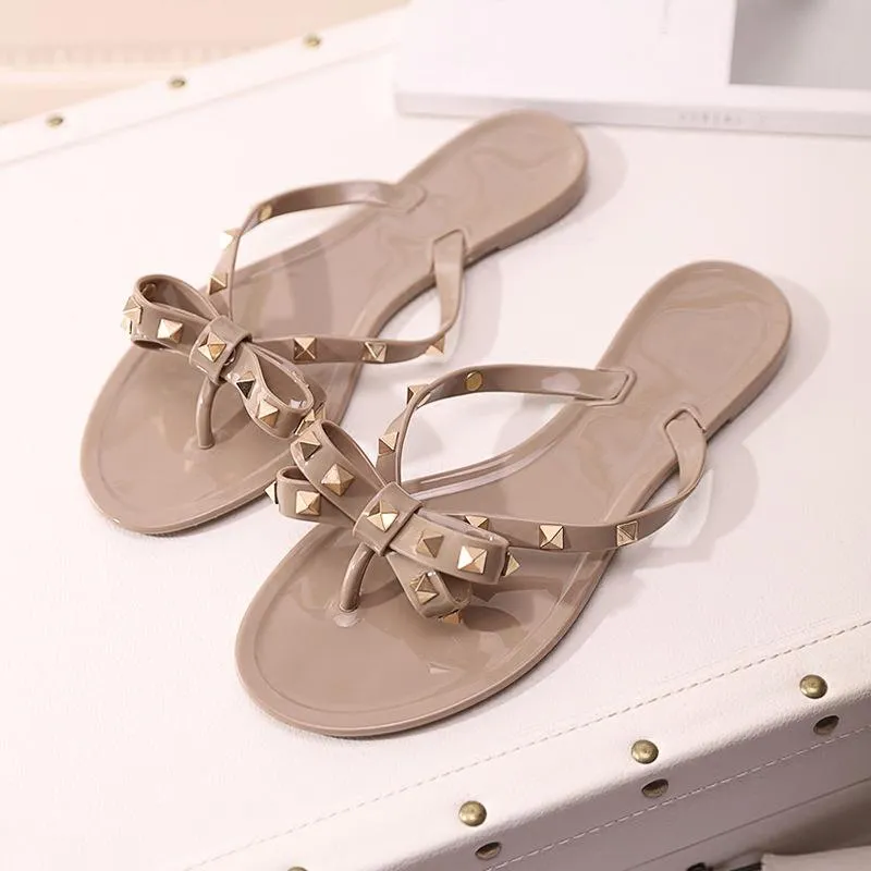 Women flat summer beach slide studded bow jelly sandals