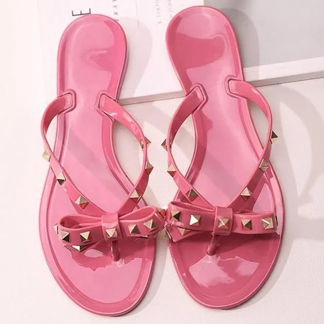 Women flat summer beach slide studded bow jelly sandals