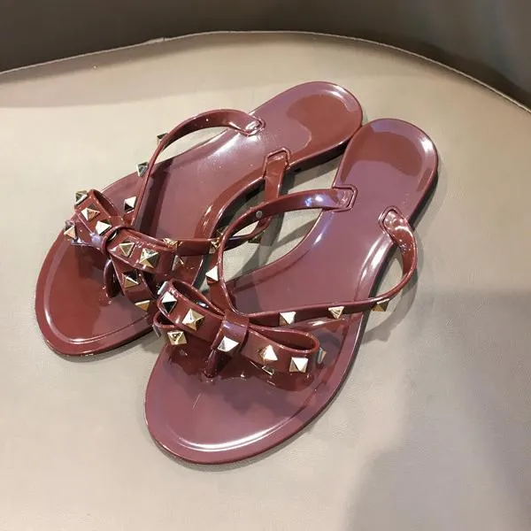 Women flat summer beach slide studded bow jelly sandals