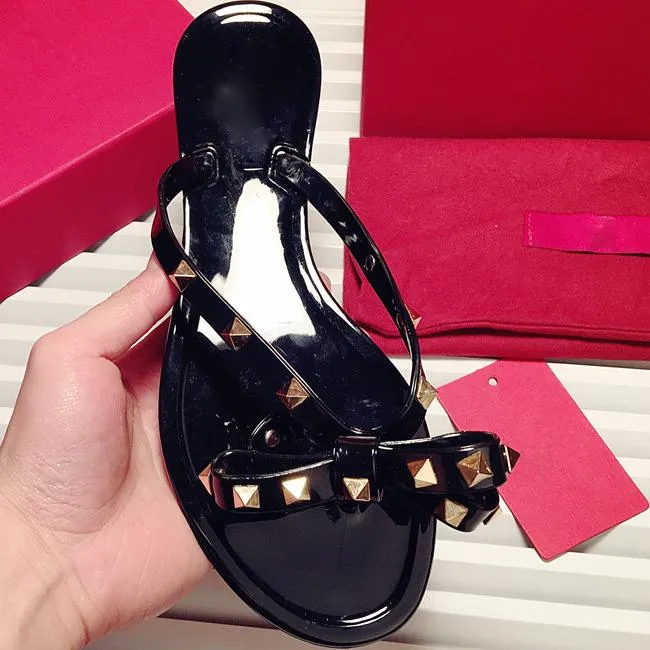 Women flat summer beach slide studded bow jelly sandals