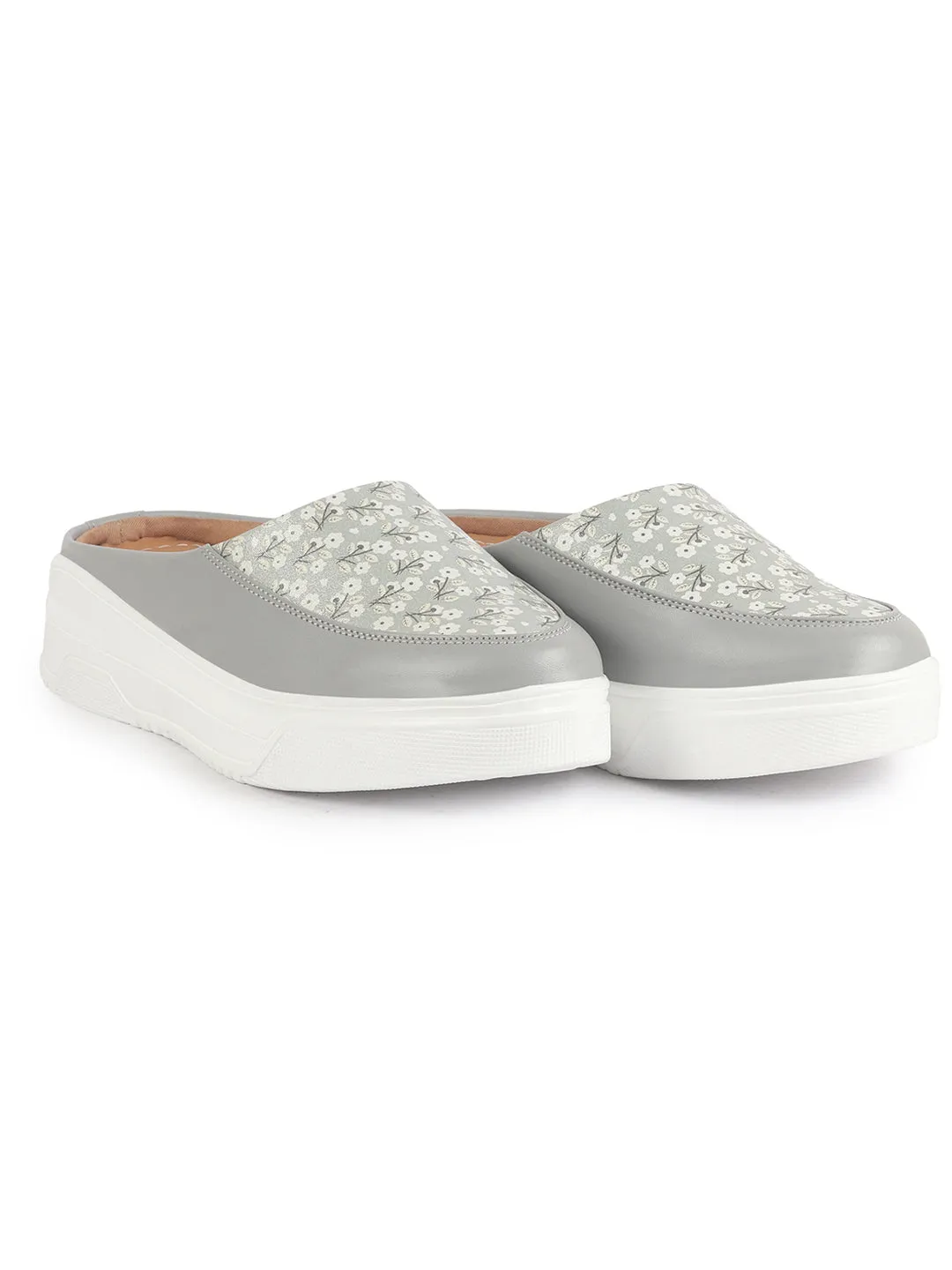 Women Grey Stiched Floral Print Back Open Height Enhancer Flatform Heel Slip On Casual Shoes