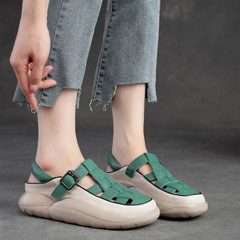 Women Handicraft Plaited Leather Soft Summer Crcos Platform Sandals