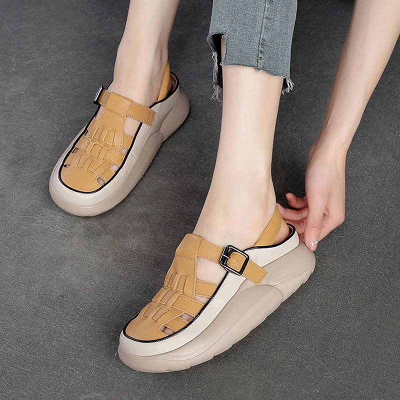 Women Handicraft Plaited Leather Soft Summer Crcos Platform Sandals