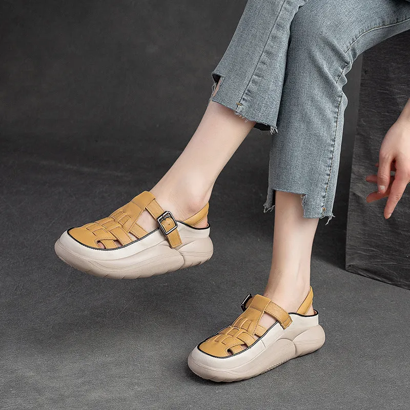 Women Handicraft Plaited Leather Soft Summer Crcos Platform Sandals