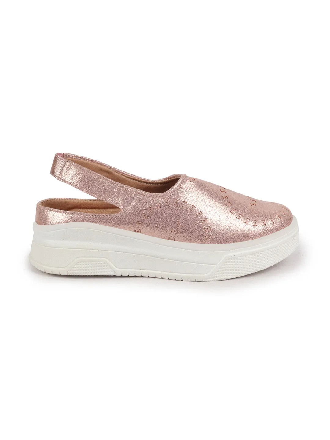 Women Pink Laser Cut Back Strap Flatform Heel Elastic Closure Embellished Slip On Shoes|Stylish|Weekend|Classic Sneaker Shoes