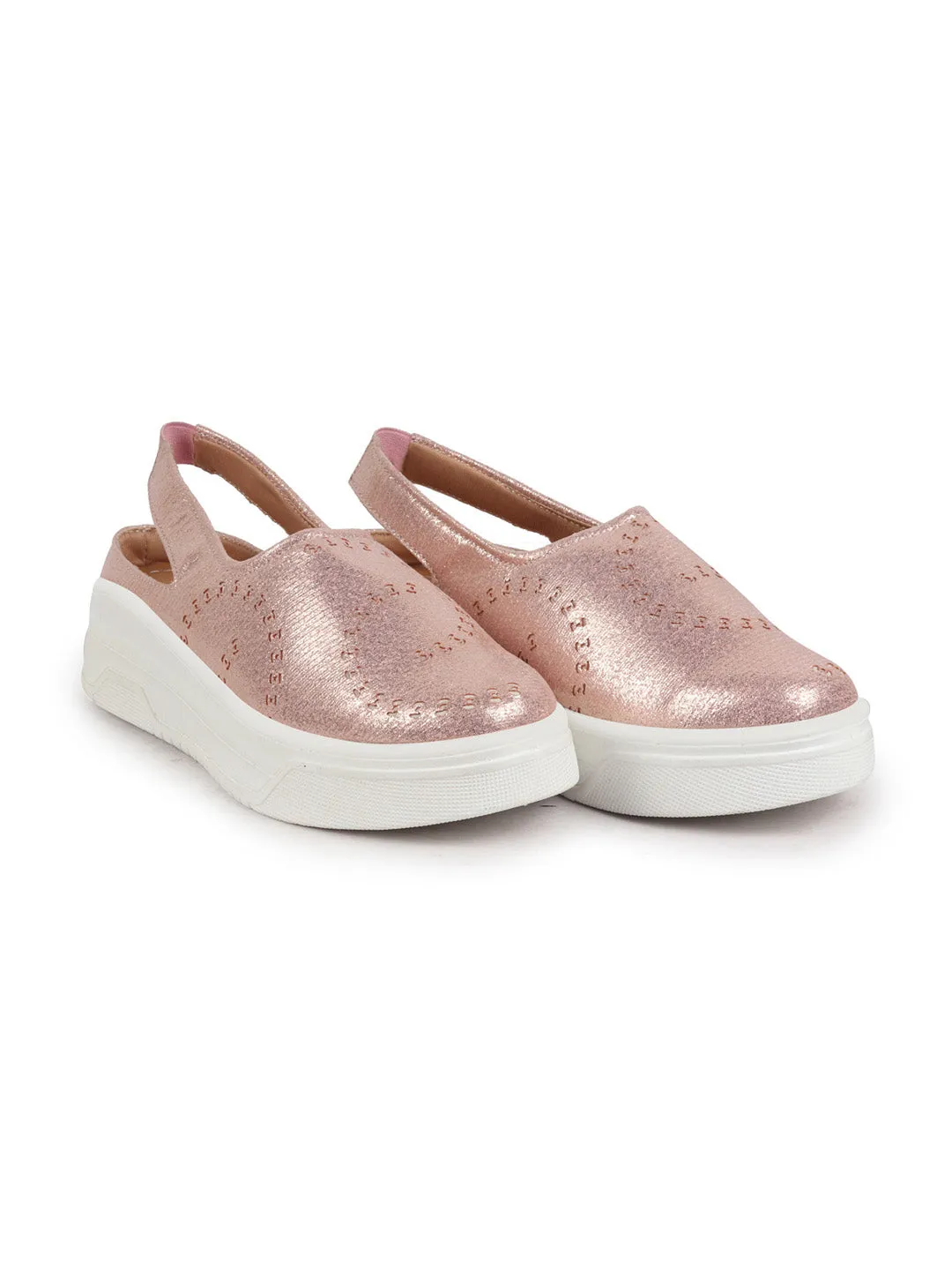 Women Pink Laser Cut Back Strap Flatform Heel Elastic Closure Embellished Slip On Shoes|Stylish|Weekend|Classic Sneaker Shoes