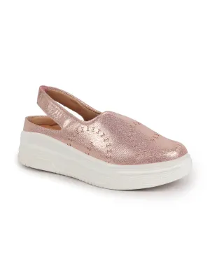 Women Pink Laser Cut Back Strap Flatform Heel Elastic Closure Embellished Slip On Shoes|Stylish|Weekend|Classic Sneaker Shoes