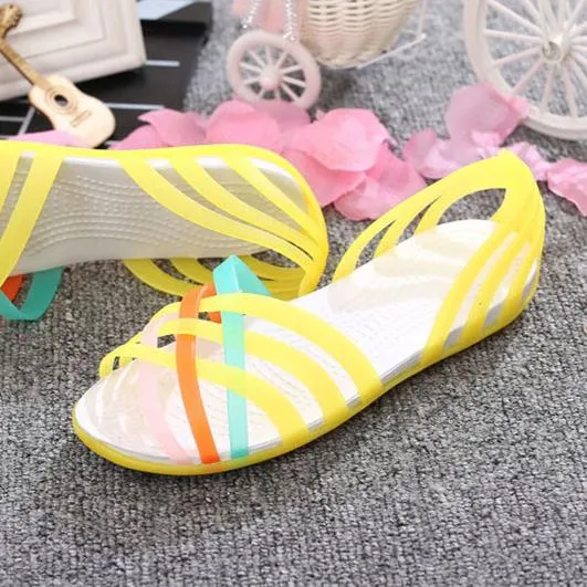 Women rainbow jelly strappy summer beach hollow slip on sandals