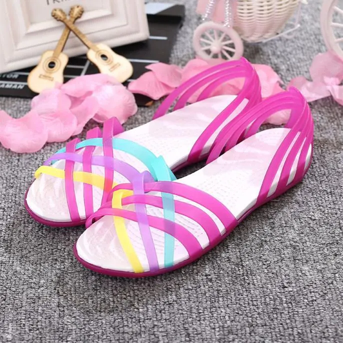 Women rainbow jelly strappy summer beach hollow slip on sandals