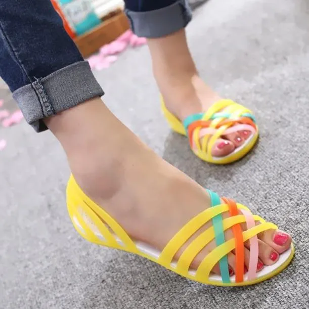 Women rainbow jelly strappy summer beach hollow slip on sandals