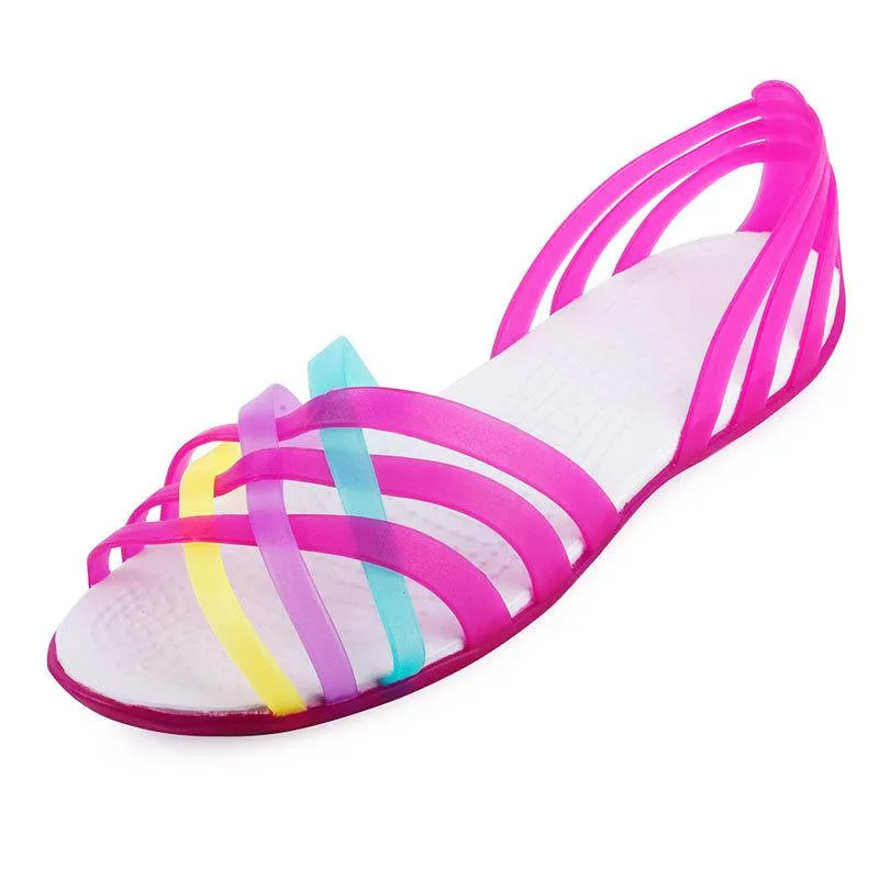 Women rainbow jelly strappy summer beach hollow slip on sandals