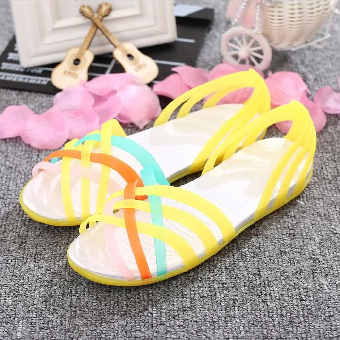 Women rainbow jelly strappy summer beach hollow slip on sandals