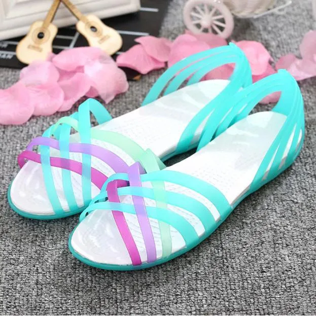 Women rainbow jelly strappy summer beach hollow slip on sandals