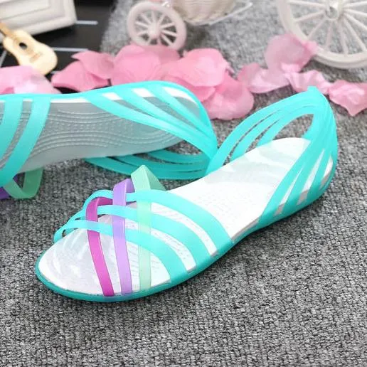 Women rainbow jelly strappy summer beach hollow slip on sandals