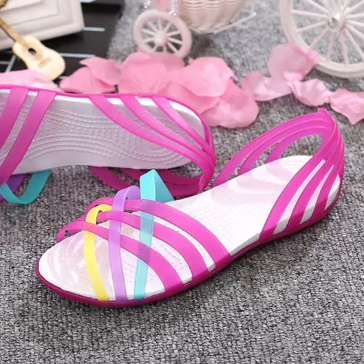 Women rainbow jelly strappy summer beach hollow slip on sandals