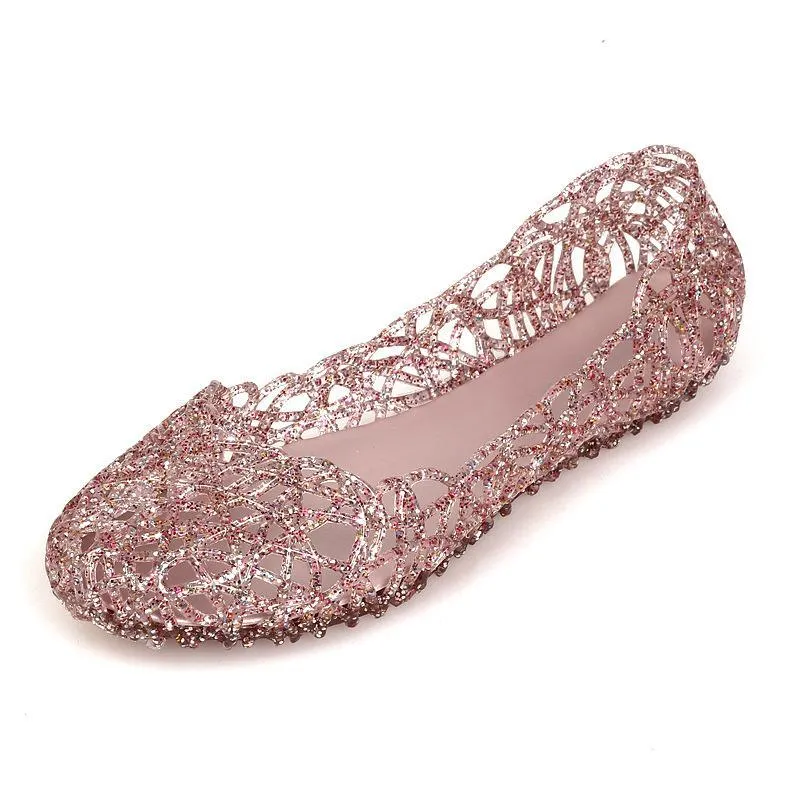 Women sparkly summer beach hollow flat slip on jelly sandals