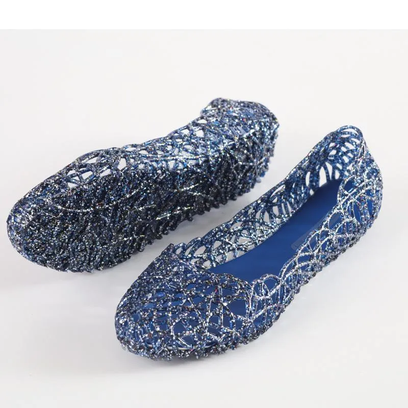 Women sparkly summer beach hollow flat slip on jelly sandals