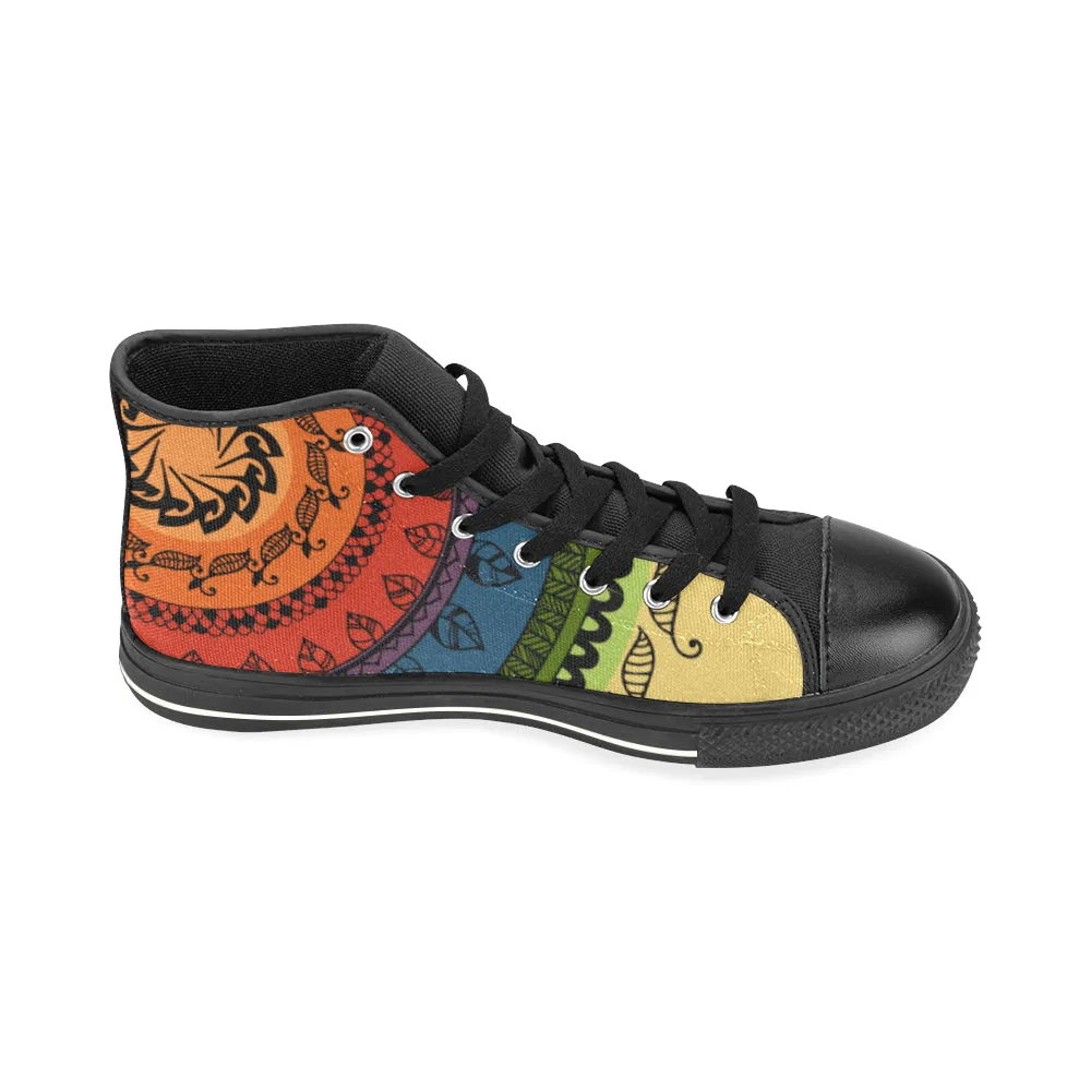 Women's Big Size Black Folksy Mandala Print Canvas High Top Shoes