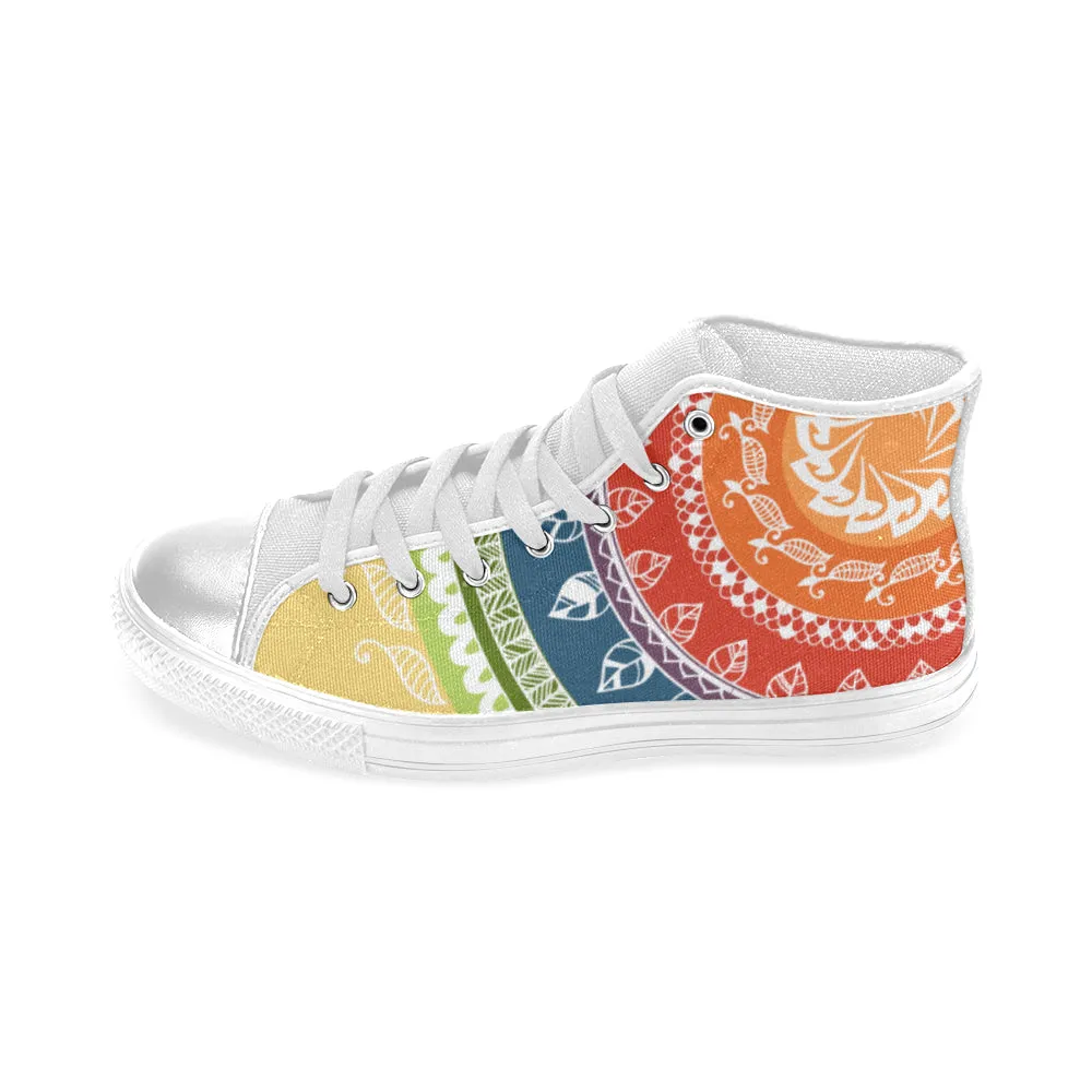 Women's Big Size White Folksy Mandala Print Canvas High Top Shoes