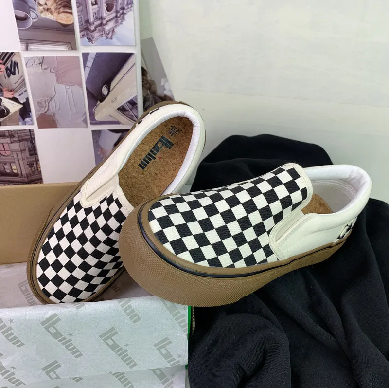 Women's Black And White Chessboard Plaid Slip-on Canvas Shoes