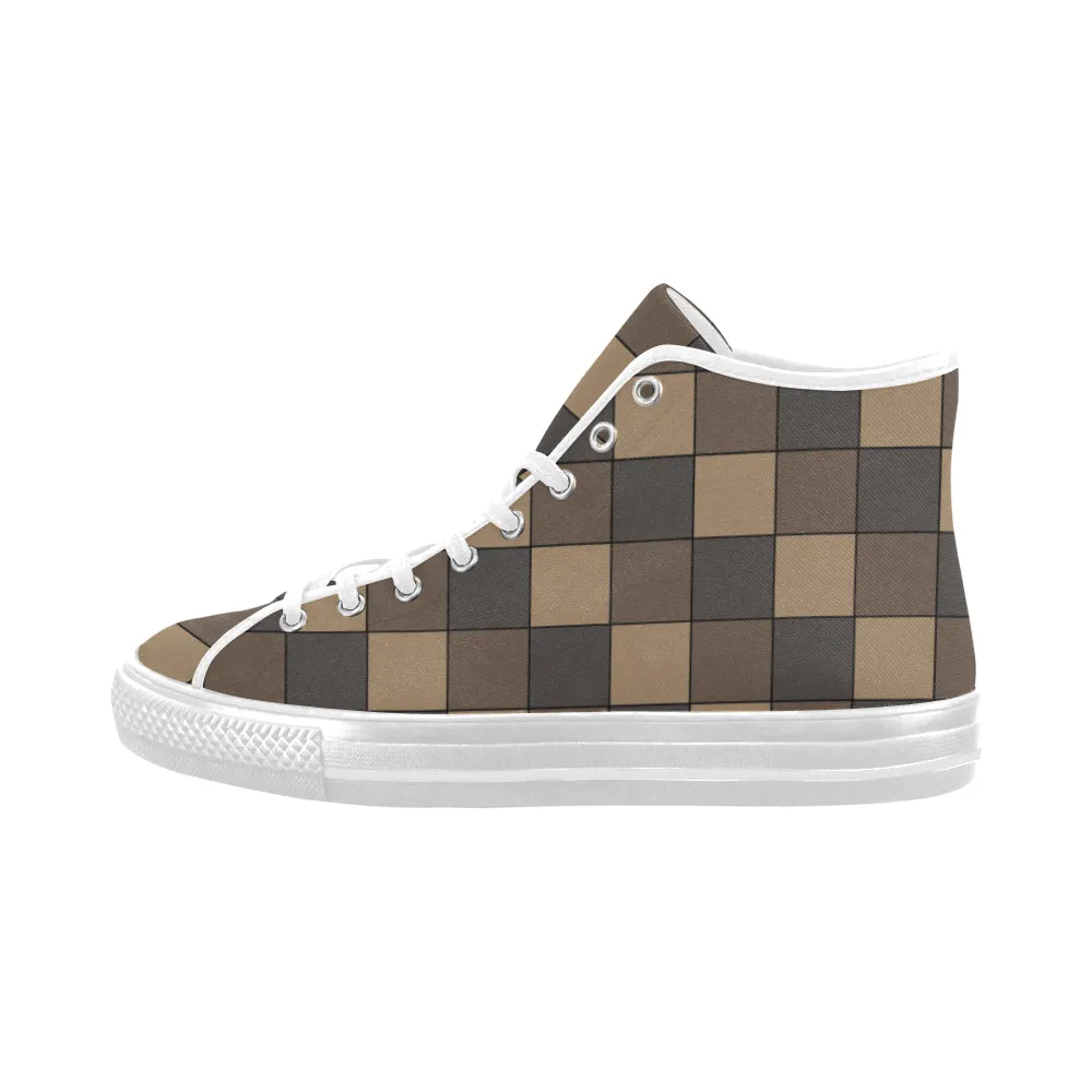 Women's Brown Monochromatic Checks Print High Top Canvas Shoes