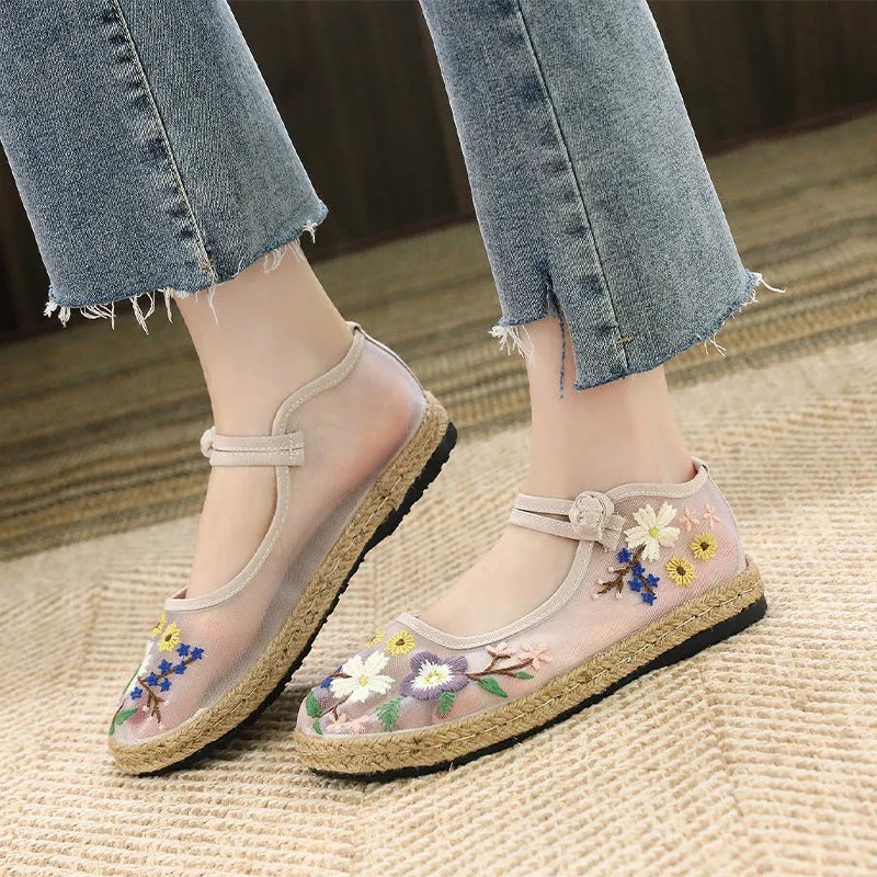 Women's Elegant Mesh Flat Embroidered Canvas Shoes