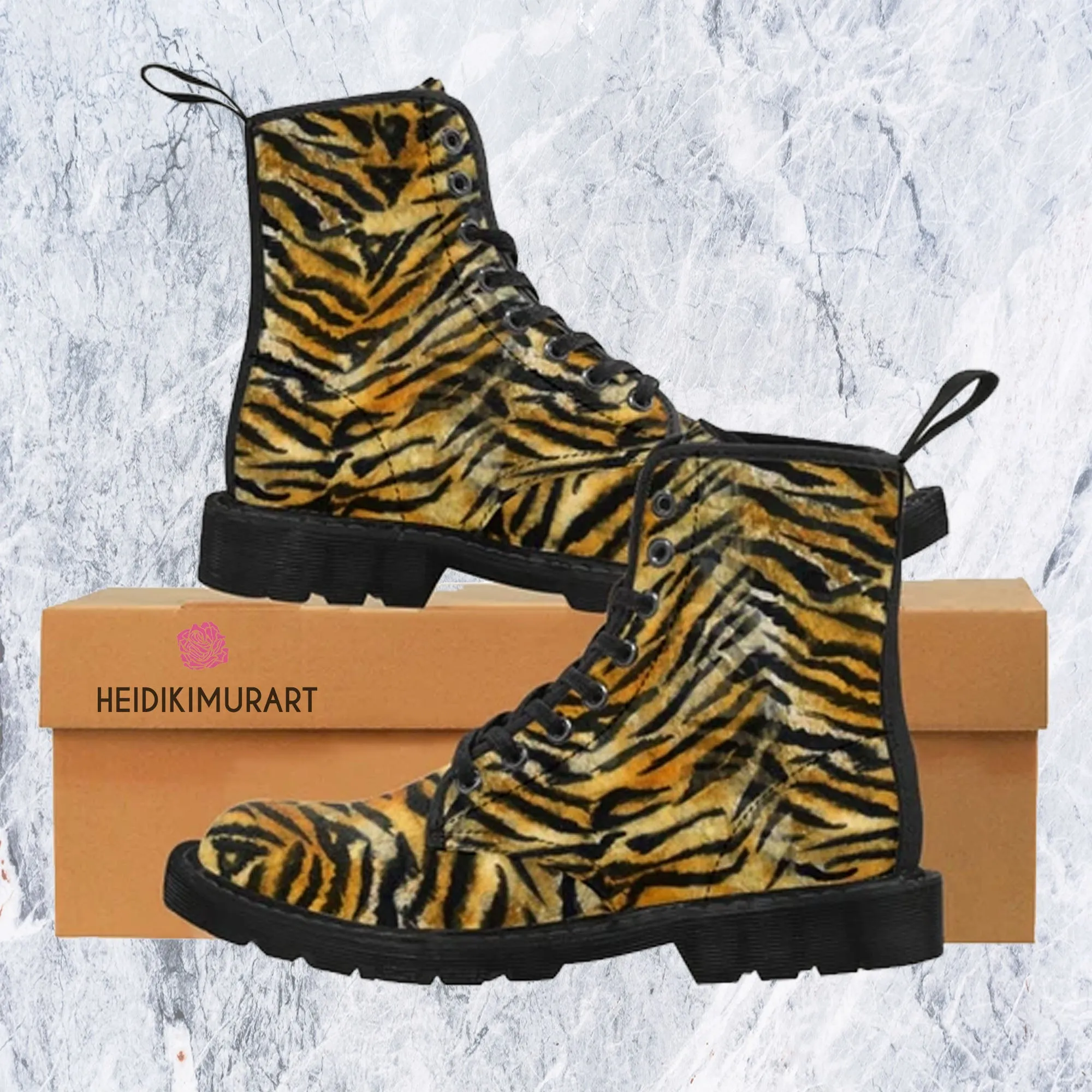 Women's Tiger Stripe Boots, Brown Bengal Tiger Print Winter Lace-up Toe Cap Boots Shoes