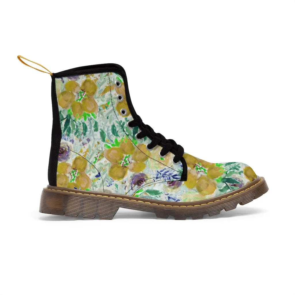 Yellow Floral Print Men's Boots, Best Hiking Winter Boots Laced Up Luxury Shoes For Men