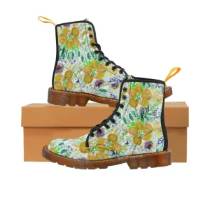 Yellow Floral Print Men's Boots, Best Hiking Winter Boots Laced Up Luxury Shoes For Men