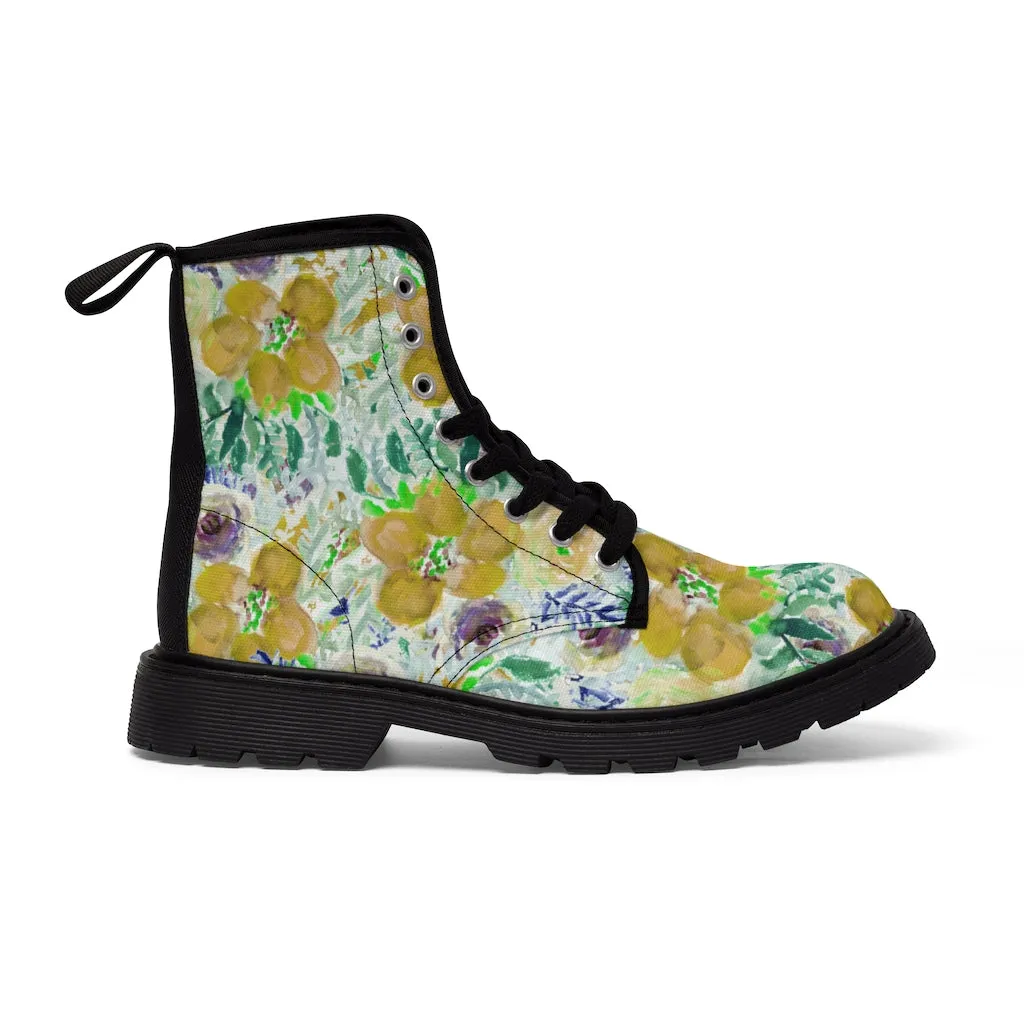 Yellow Floral Print Men's Boots, Best Hiking Winter Boots Laced Up Luxury Shoes For Men