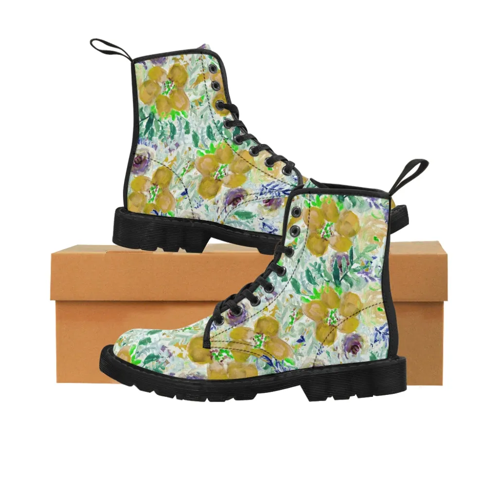 Yellow Floral Print Men's Boots, Best Hiking Winter Boots Laced Up Luxury Shoes For Men