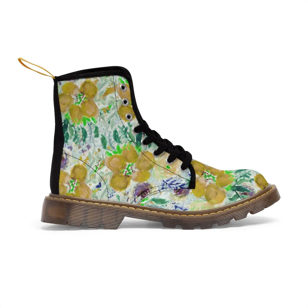 Yellow Floral Print Men's Boots, Best Hiking Winter Boots Laced Up Luxury Shoes For Men