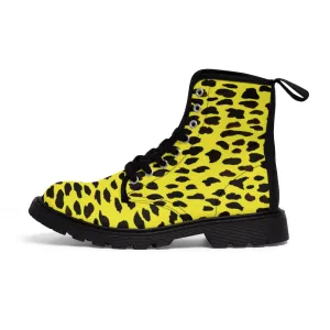 Yellow Leopard Print Men's Boots, Cheetah or Leopard Animal Print Best Hiking Winter Boots Laced Up Premium Shoes For Men