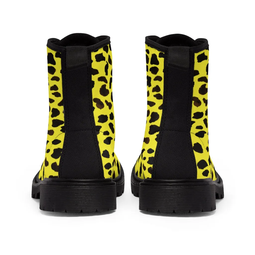 Yellow Leopard Print Men's Boots, Cheetah or Leopard Animal Print Best Hiking Winter Boots Laced Up Premium Shoes For Men