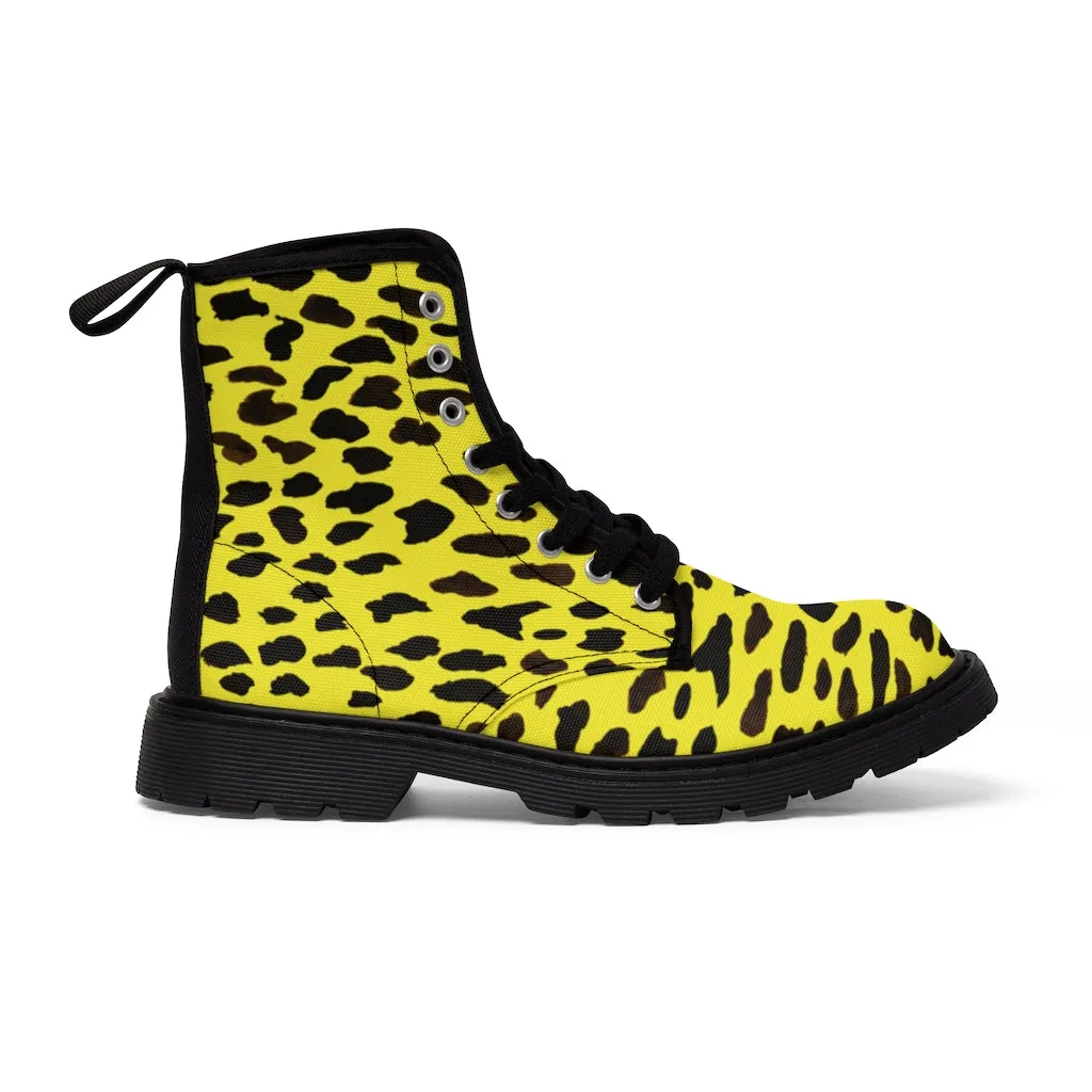 Yellow Leopard Print Men's Boots, Cheetah or Leopard Animal Print Best Hiking Winter Boots Laced Up Premium Shoes For Men